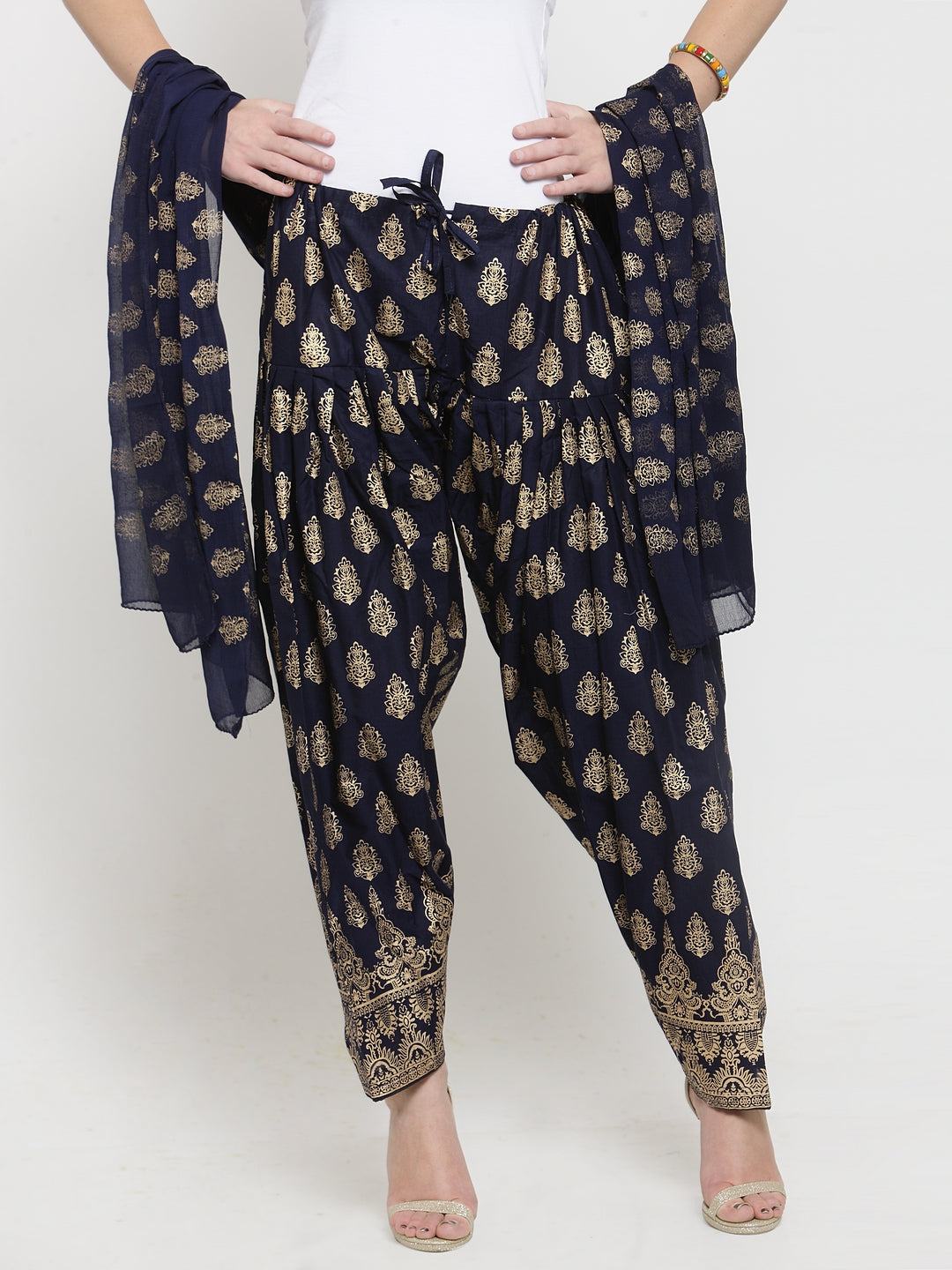 Navy Blue Printed Salwar Dupatta Set made from cotton with intricate patterns.