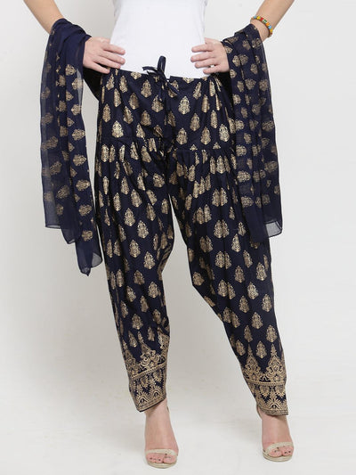 Navy Blue Printed Salwar Dupatta Set made from cotton with intricate patterns.