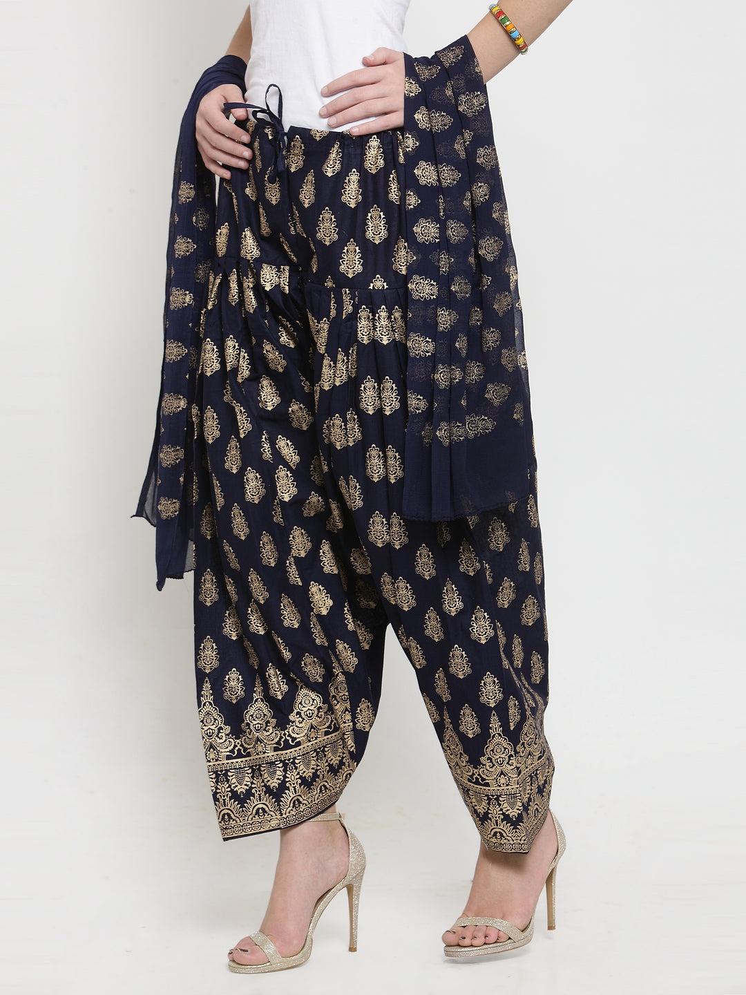 Navy blue printed salwar dupatta set in cotton, featuring bright and fashionable design.