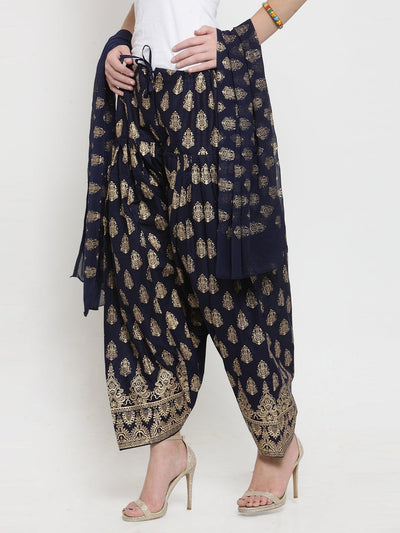 Navy blue printed salwar dupatta set in cotton, featuring bright and fashionable design.