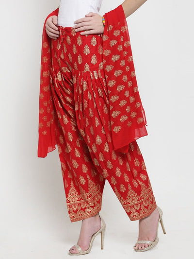Red Printed Salwar Dupatta Set with Gold Patterns, Cotton Fabric