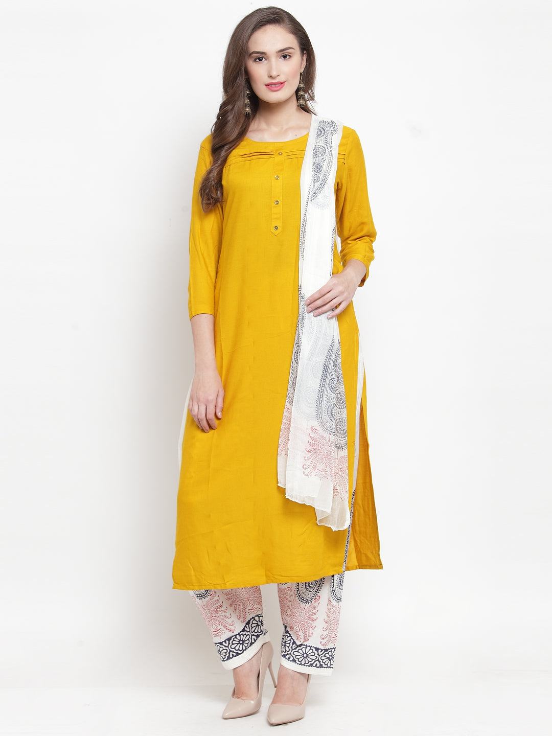 Off-White Printed Salwar Dupatta set with cotton fabric, styled with a yellow kurta.