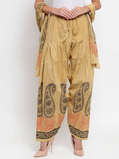 Fawn printed salwar dupatta set with paisley design in beige cotton.