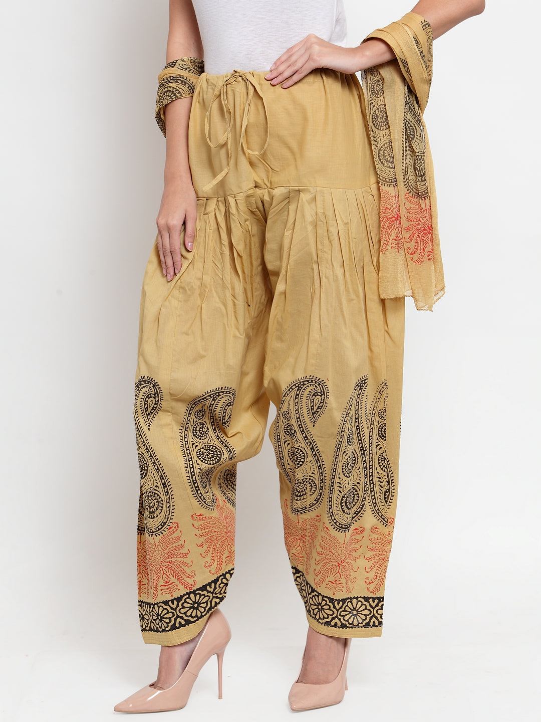 Fawn Printed Salwar Dupatta set with stylish beige printed cotton fabric.