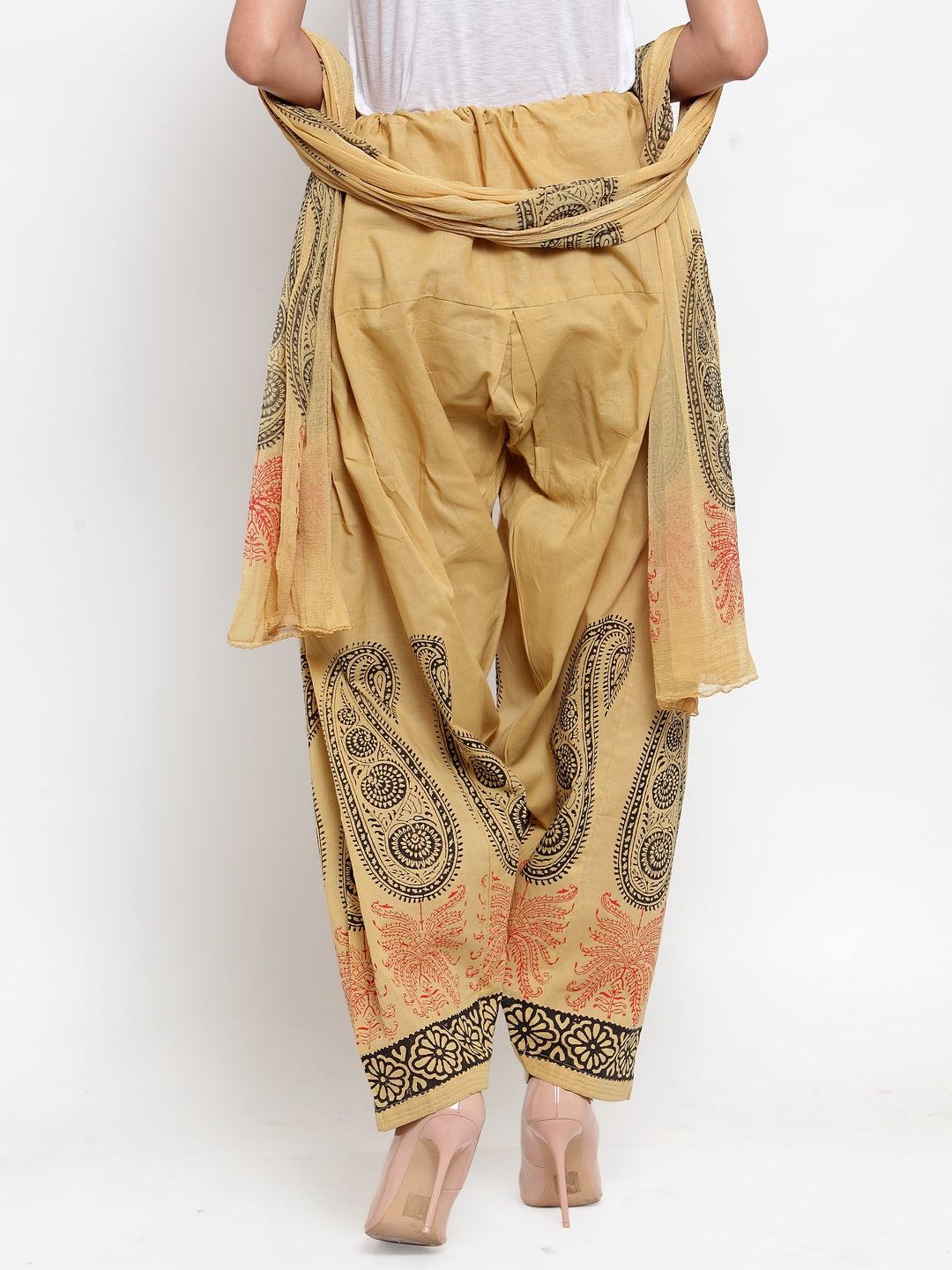 Fawn printed salwar and dupatta set in beige with intricate patterns, cotton fabric.