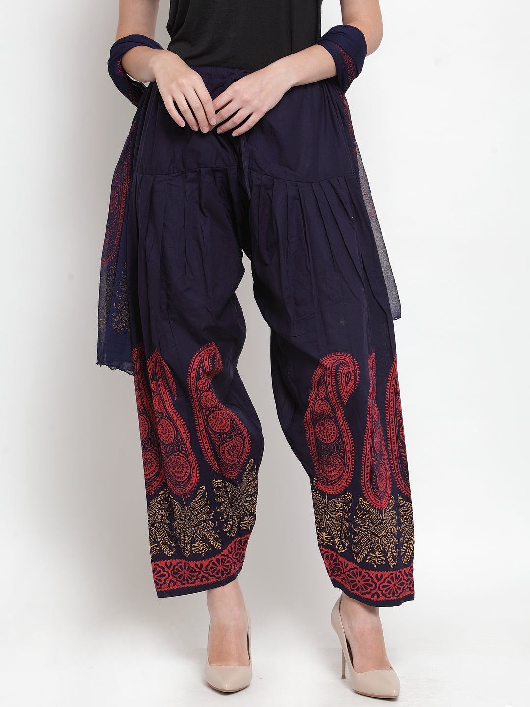 Navy Blue Printed Salwar Dupatta set with vibrant patterns.