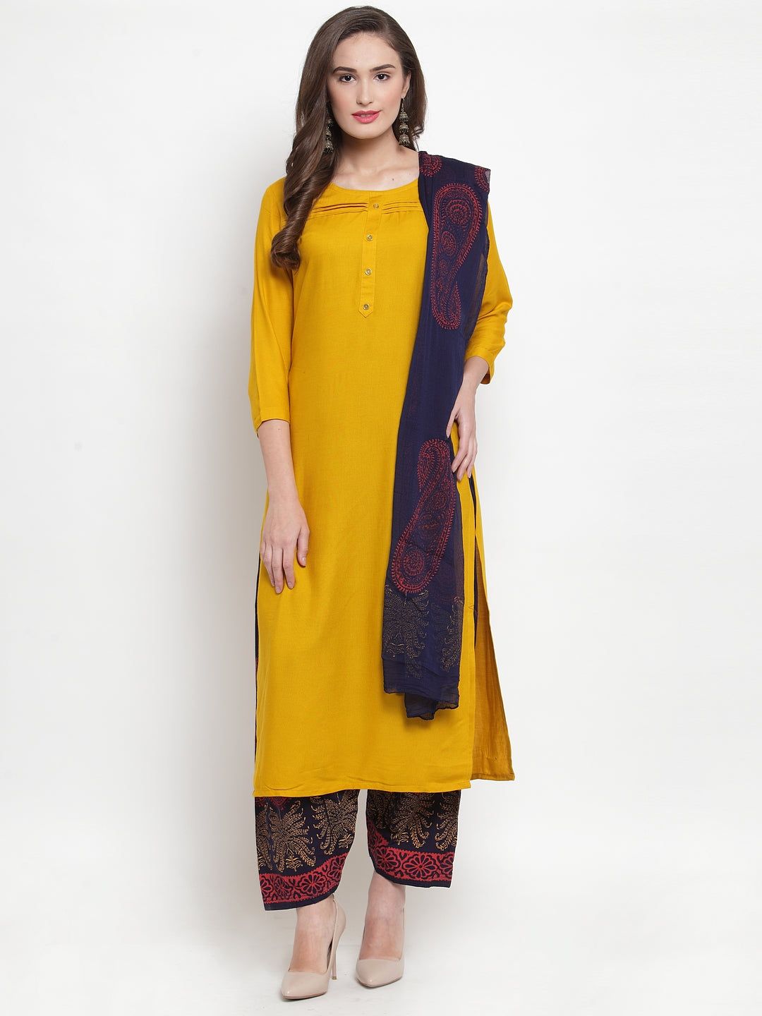 Navy Blue Printed Salwar Dupatta set styled with yellow kurta.