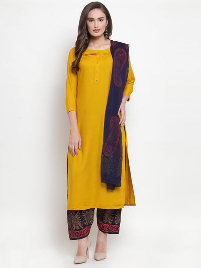 Navy Blue Printed Salwar Dupatta set styled with yellow kurta.