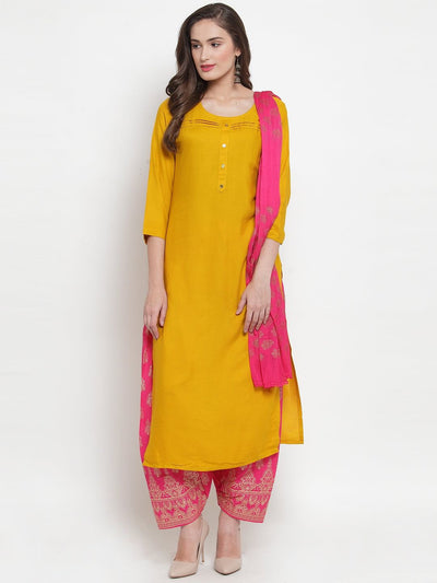 Pink Printed Salwar Dupatta set paired with yellow kurta, featuring vibrant patterns and cotton fabric.