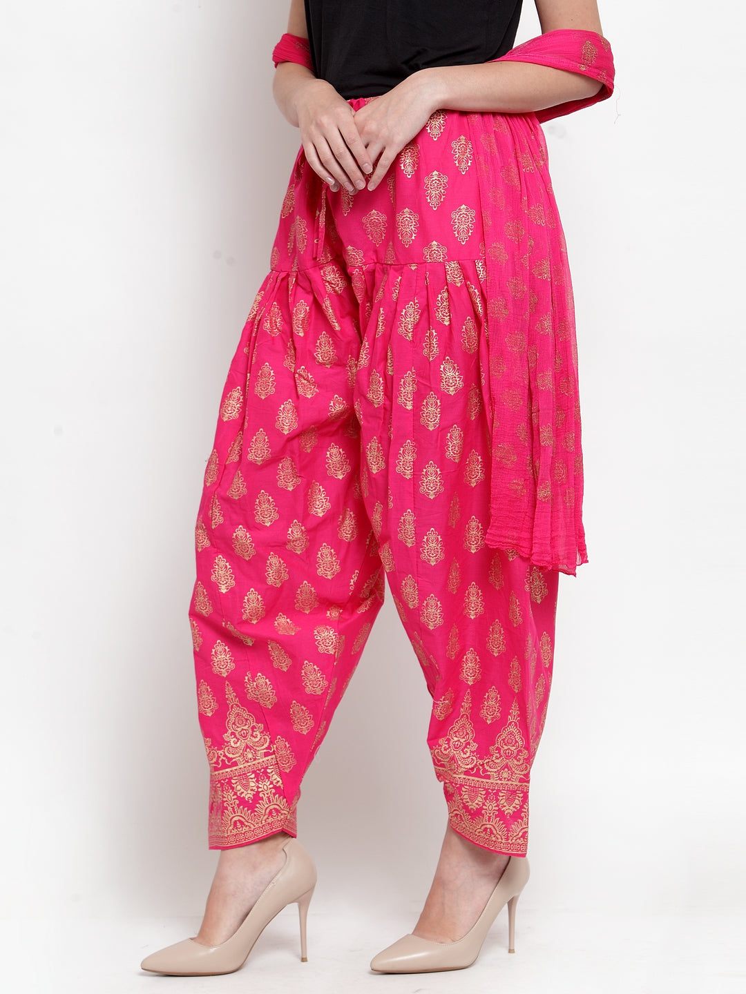 Pink printed salwar dupatta set in vibrant cotton.