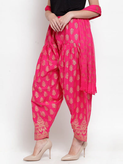 Pink printed salwar dupatta set in vibrant cotton.