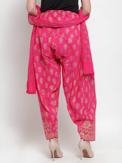 Pink printed salwar and dupatta set made from cotton by Clora, styled with heels.
