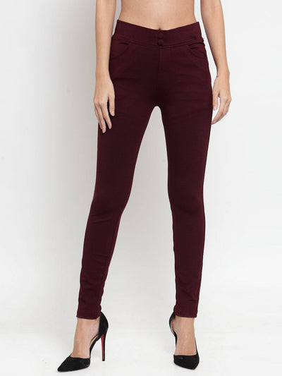 Wine Solid Jeggings in a regular fit, paired with black pumps for stylish comfort.