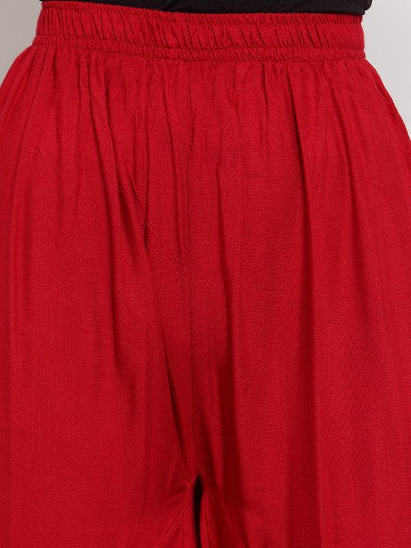 Maroon flared solid gharara with golden gota detailing, rayon fabric.