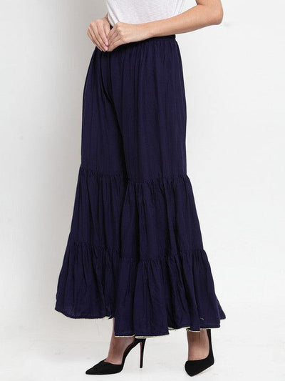 Navy blue flared solid gharara with golden gota hem detail.