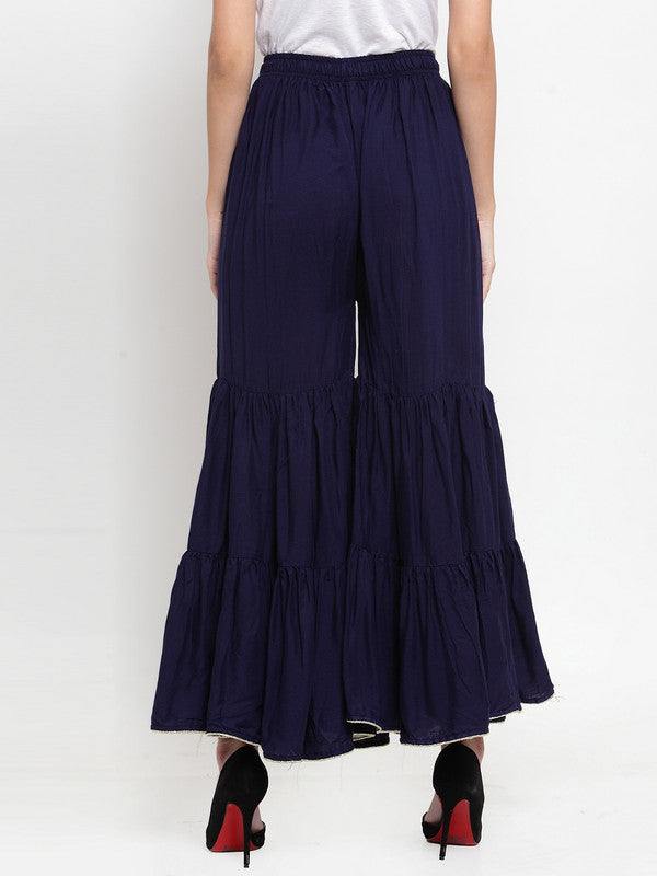 Navy blue flared solid gharara with golden gota hem and comfortable rayon fabric.