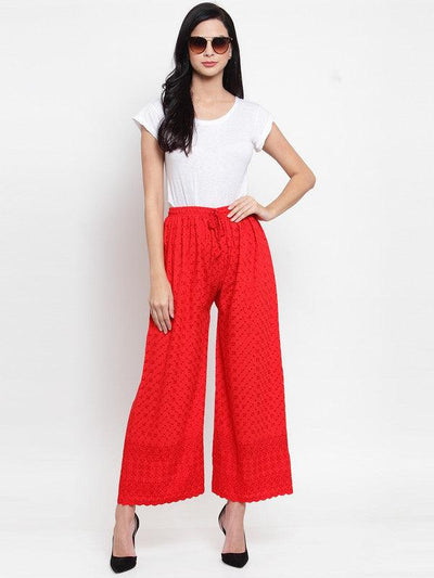 Red full chikankari rayon palazzo for women.