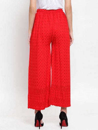 Red full chikankari rayon palazzo for women, fashion-forward design.