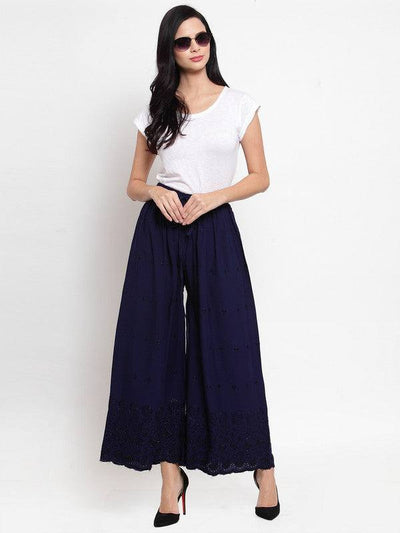 Navy Blue Chikankari Rayon Sharara worn by model, lightweight and comfortable.