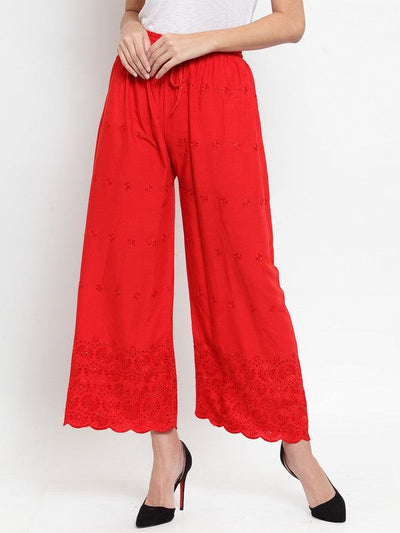 Clora Red Chikankari Rayon Palazzo