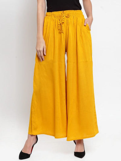 Mustard solid rayon sharara for women, casual fashion.