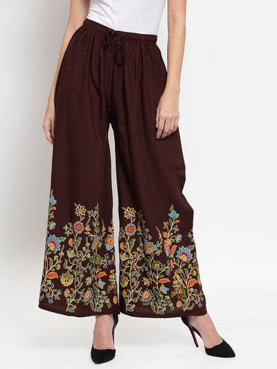 Coffee flower printed rayon palazzo with floral design and elastic waistband.