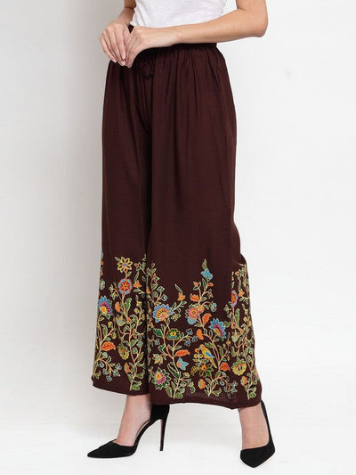 Coffee flower printed rayon palazzo with elastic waistband and floral design.