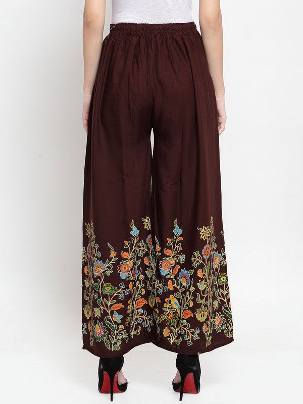 Coffee flower printed rayon palazzo with floral design and elasticated waistband.