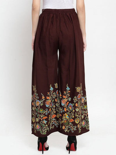 Coffee flower printed rayon palazzo with floral design and elasticated waistband.