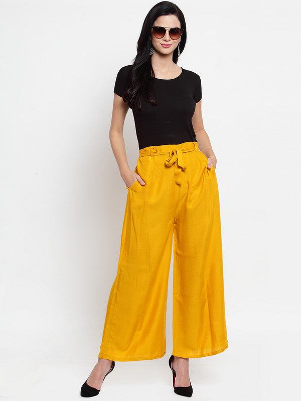Mustard wide leg solid palazzo with tie knot, casual fashion.