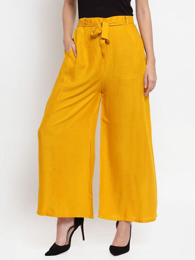 Mustard wide leg solid palazzo with tie knot design.