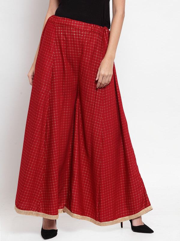 Maroon printed rayon check sharara pants for women.