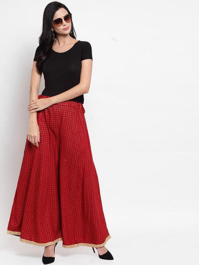 Maroon printed rayon check sharara for women.
