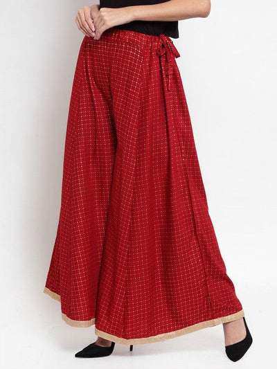 Maroon printed rayon check sharara with gold trim detailing.