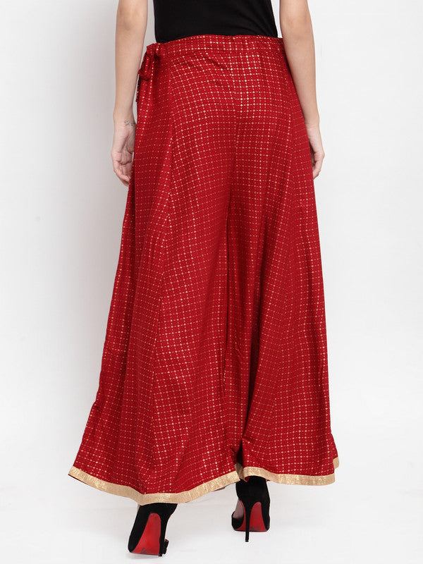 Maroon printed rayon check sharara with gold border detailing.