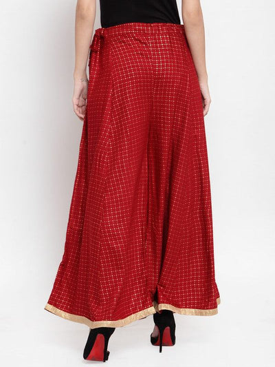 Maroon printed rayon check sharara with gold border detailing.