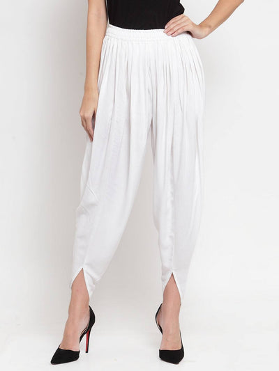 White Rayon Dhoti Salwar with elasticated waistband and solid pattern.