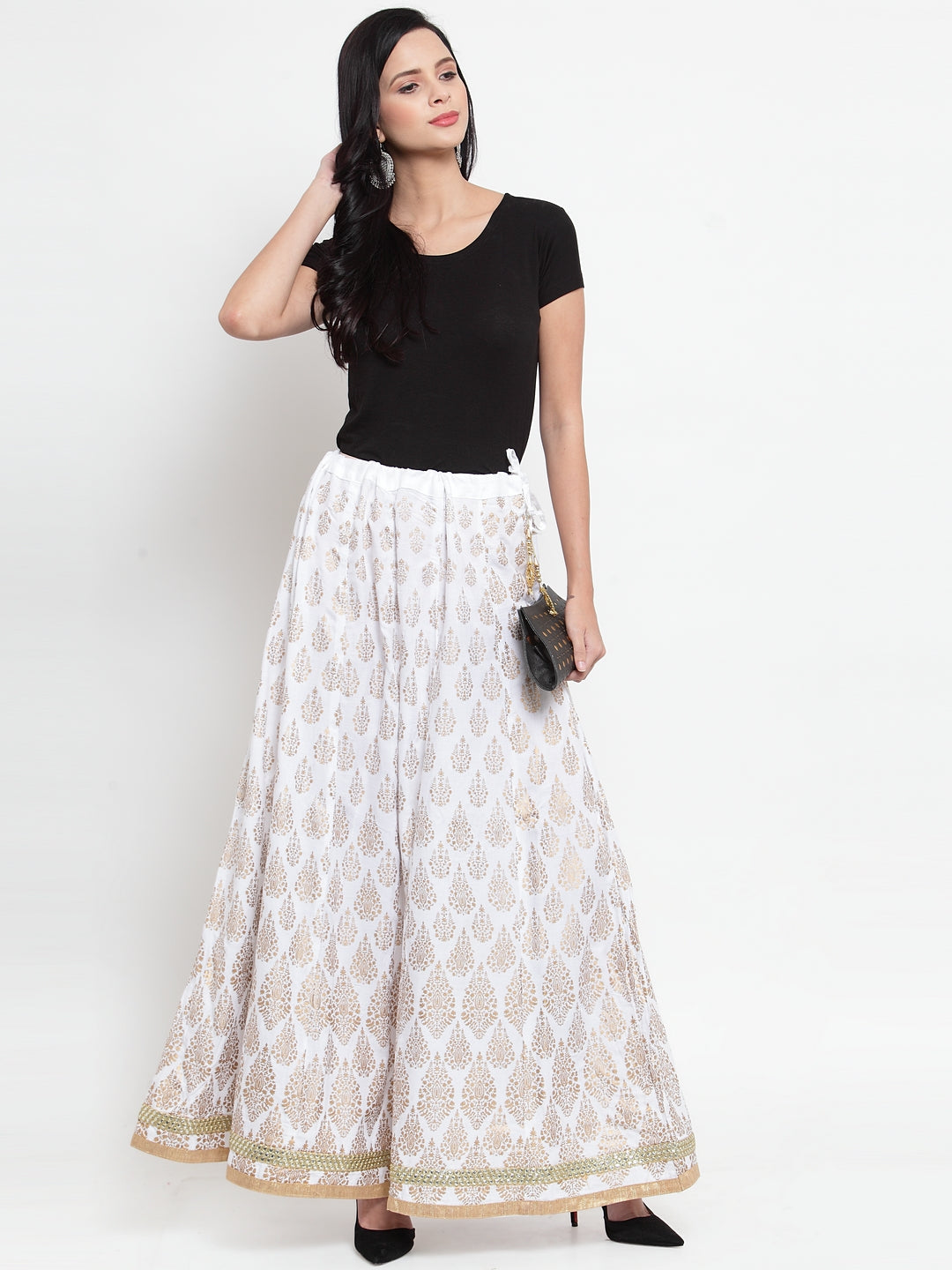 Clora White Embellished Rayon Flared Skirt
