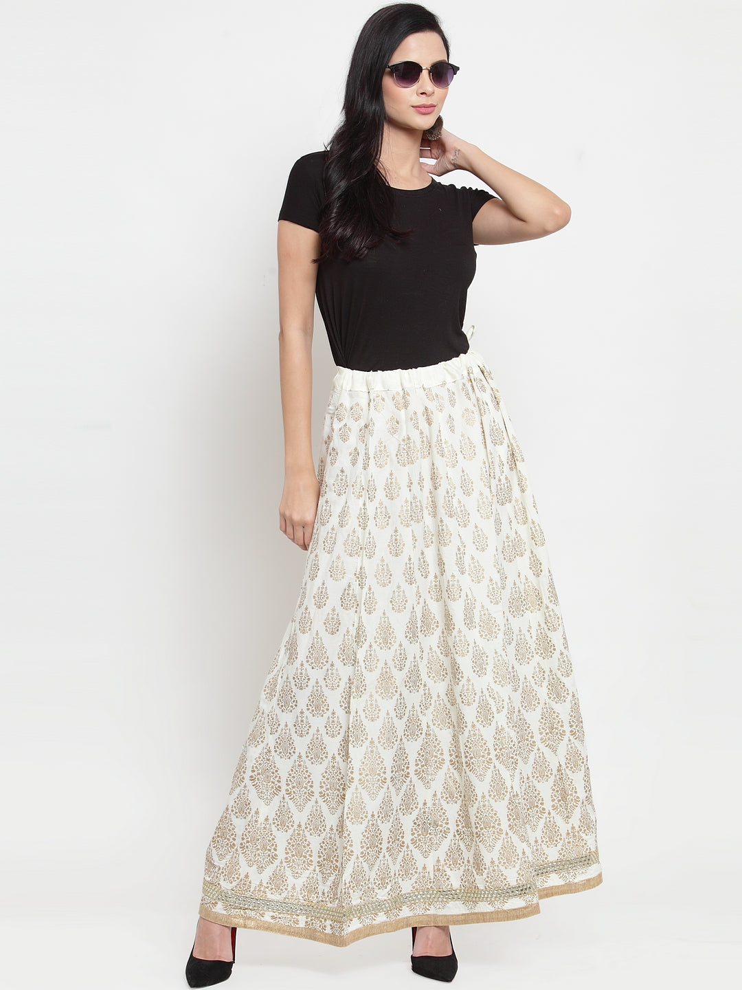 Clora Cream Embellished Rayon Flared Skirt
