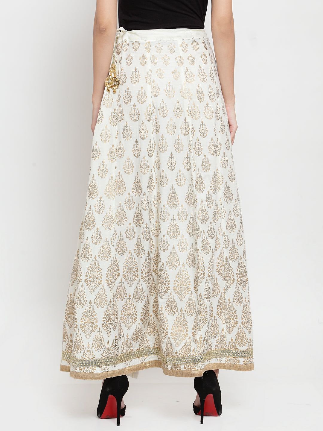 Clora Cream Embellished Rayon Flared Skirt