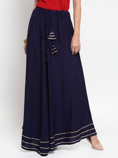 Navy Blue rayon skirt with Gotta Patti work and drawstring waistband.