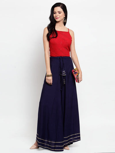 Navy blue Rayon skirt with Gotta Patti work and drawstring waistband.