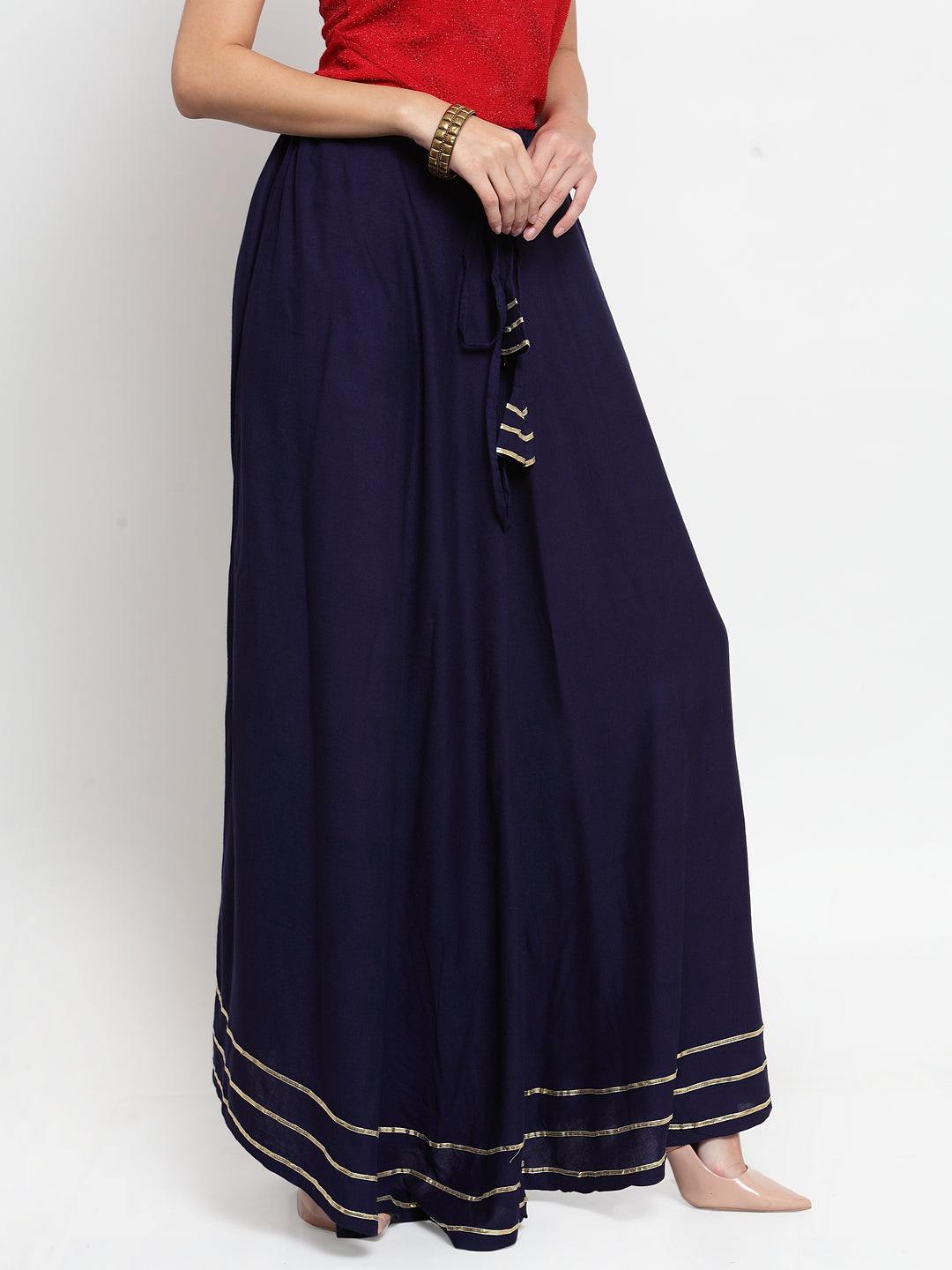 Navy blue rayon skirt with Gotta Patti work, drawstring waistband.