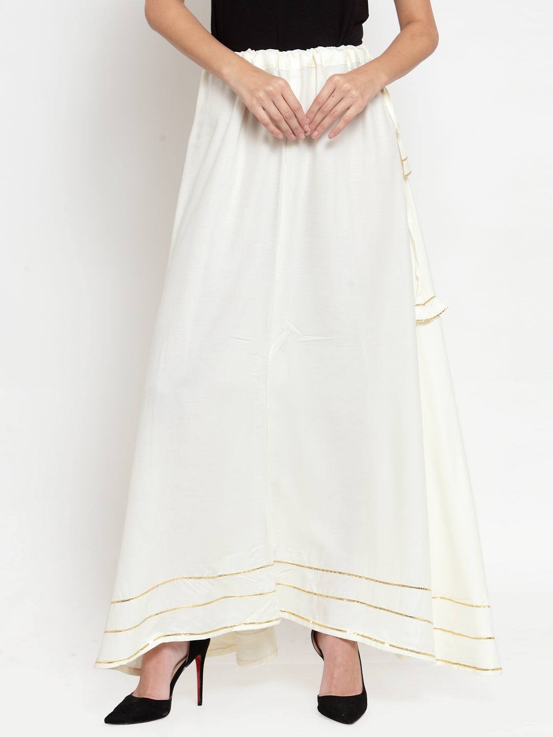 Off-White Gotta Patti Solid Rayon Skirt with drawstring waistband and decorative bottom trim.