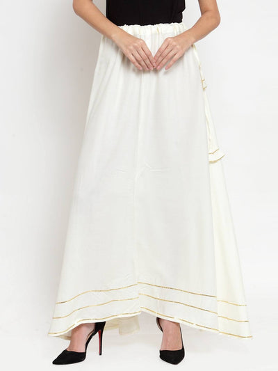 Off-White Gotta Patti Solid Rayon Skirt with drawstring waistband and decorative bottom trim.