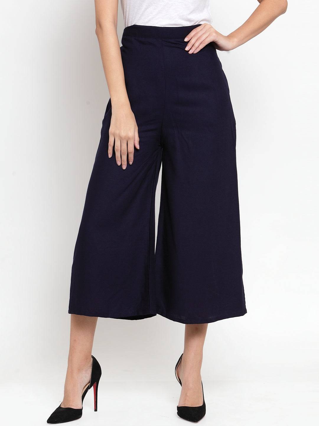 Navy blue solid rayon culottes for women, stylish and comfortable fit.