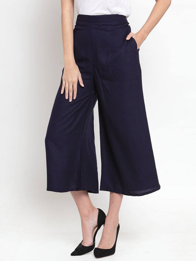 Navy blue solid rayon culottes for women by Clora.