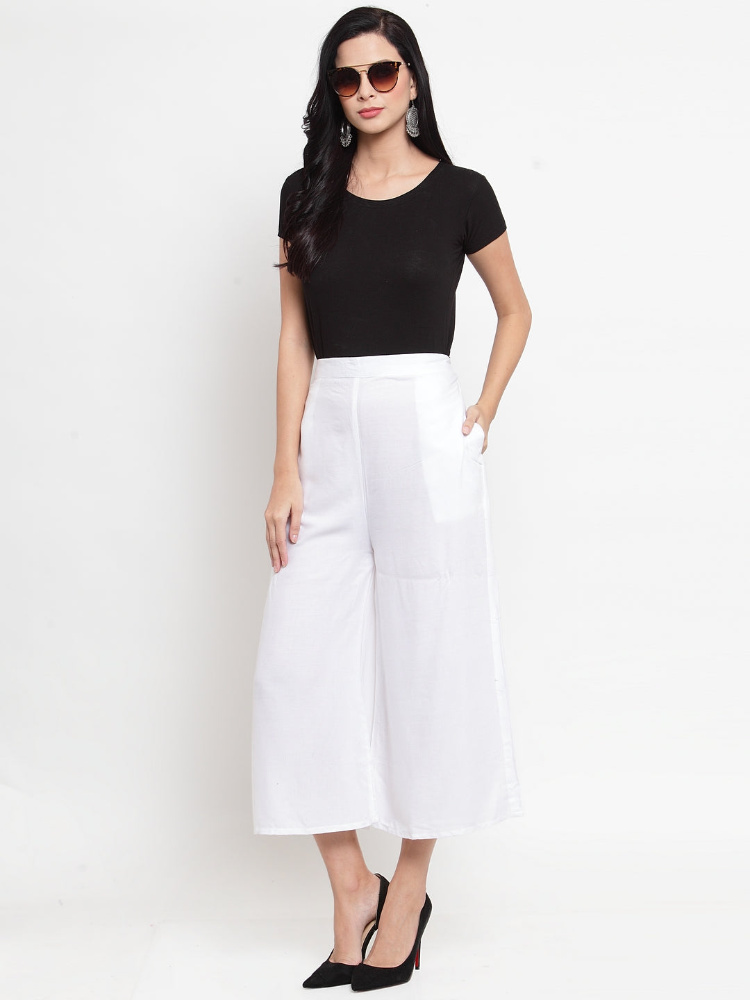 Clora White Solid Rayon Culottes