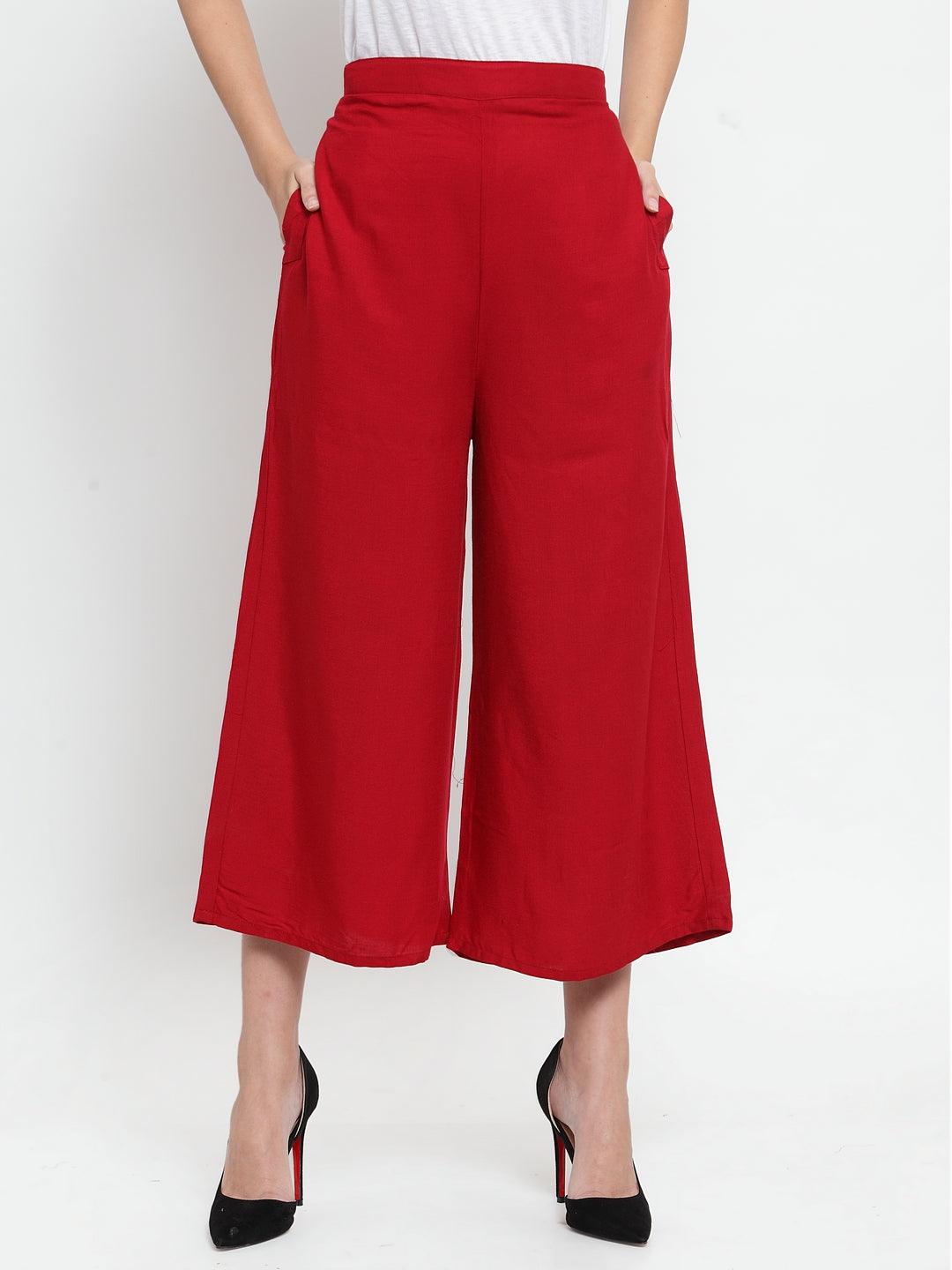 Maroon solid rayon culottes for women with comfortable fit.