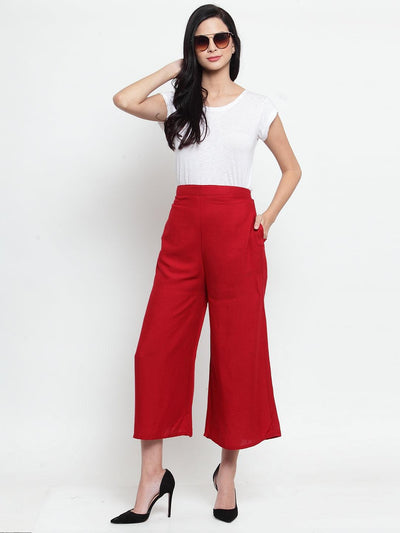 Maroon solid rayon culottes with a comfortable fit.